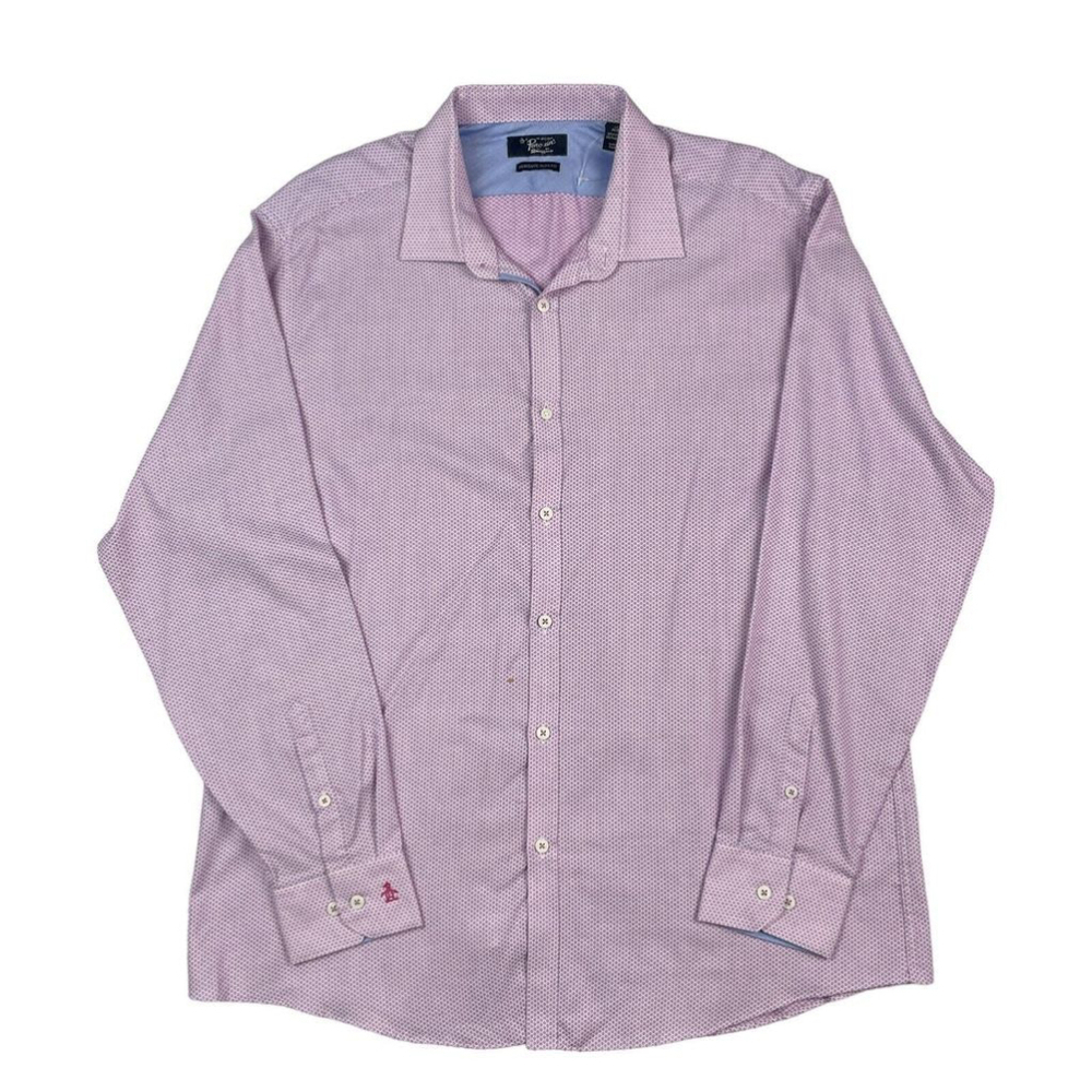 Original Penguin Dress Shirt Men 17 Pink Geo Print Heritage Slim Fit Button Down